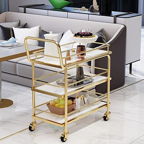 Trolley Bar Cart Gold Rolling Serving Bar Cart Kitchen Metal Frame Bar Serving Carts with Guardrail Mobile Coffee Wine Trolley on Universal Wheels with Brake for Home,Dining Room,Living Ro (Gold 3)