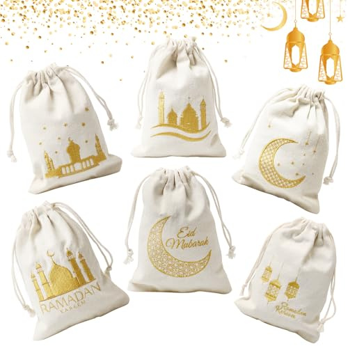 6 Stück Ramadan Tüten, Eid Mubarak Tüten, Geschenktüten zu Ramadan Dekoration, Ramadan Geschenke Tüten aus Baumwolle, Geschenksäckchen zum Befüllen für Muslim Ramadan Deko Party