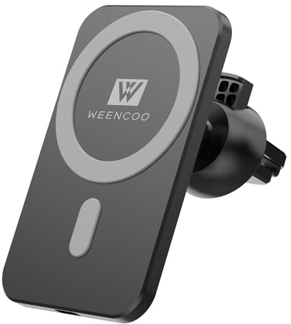 WEENCOO Support de Téléphone Magnétique Sans Fil, Chargeur de Voiture MagSafe pour iPhone Série 15/14/13/12, Induction avec Magnétisme Puissant et Charge Rapide