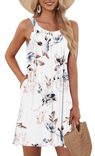 AUSELILY Dam, sommar, tanktopp, fritid, semester, korta hållare, klänningar, Vita blommor, M