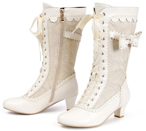 Voviggiw Stivali vittoriani vintage da donna Stivali da nonna al polpaccio con cerniera Costume rinascimentale Scarpe con tacco medio Abito da sposa Stivali con fiocchi Marchio beige Taglia 42