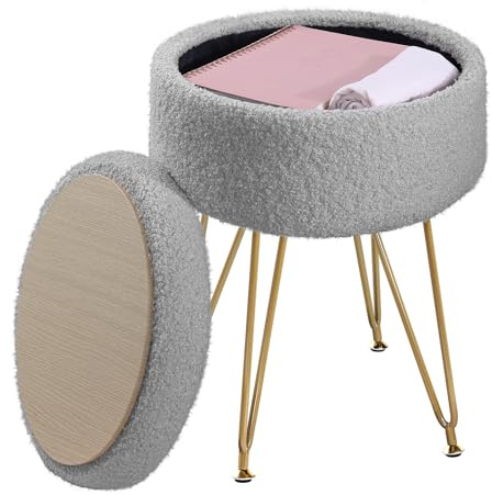 ABHENG Runder Sitzhocker, Teddy Samt Fußhocker mit Stauraum, Hocker Schminktisch, Polsterhocker, Schminkhocker, 32 x 32 x 44 cm, Taubengrau, ASND51G