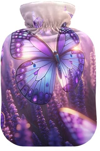 Wärmflaschen mit violettem Schmetterling, Lavendel, mit weichem Bezug, Bett-, Hand-, Fußwärmer, Wintergeschenk, Wärmbeutel für Fußbett, Wärmer zur Schmerzlinderung, 2 l