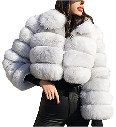 Komiseup Fleecejacke Damen, Winterjacke Damen Kurze Winter Pelzmantel Elegant Kunstpelz Jacke Offener Front Wintermantel Dick Plüschjacke mit Kapuze Faux Pelz Coat Warme Kunstfell Oberbekleidung 16