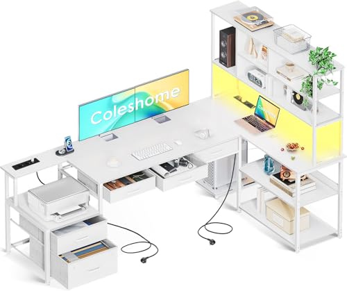 ColeshomeScrivania angolare con 5 cassetti e 4 ripiani, 200 x 110 cm, L-formata con LED, prese e USB, grande per ufficio, bianca