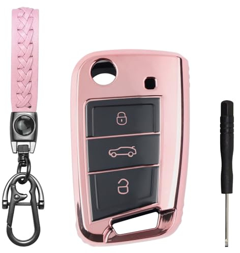 Autoschlüssel Hülle 3 Tasten für VW Golf 7 VW Polo MK7 Tiguan Seat Skoda | Schlüssel Cover für VW Golf 7 Polo Octavia Fabia Schlüsselhülle Schlüsselschutz Schutzhülle mit Schlüsselanhänger - Rosa