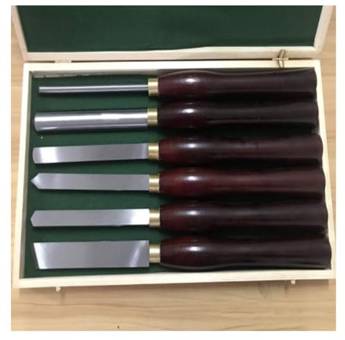Juego de cinceles de torno: Juego de gubias de cuenco giratorio de madera de 6 piezas con acero de alta velocidad, mangos de madera dura y caja de almacenamiento de madera reutilizable