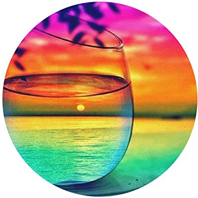 Bunte Glasuntersetzer für Getränke, Sonnenuntergang, runde Form, Leder, PVC-Untersetzer mit Anti-Verbrühungsschutz, vollständig einseitig bedruckte Untersetzer, Kaffee-Untersetzer, 6-teiliges Set aus