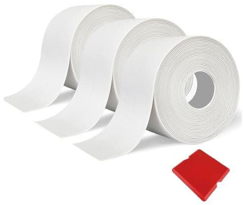 Bath Sealant Strip, 3 Rolls Self-Adhesive White Caulk Tape, Waterproof Sealant Tape for Bathroom, Shower, Bathtub, Sink, Toilet & Kitchen, with Smoothing Tool