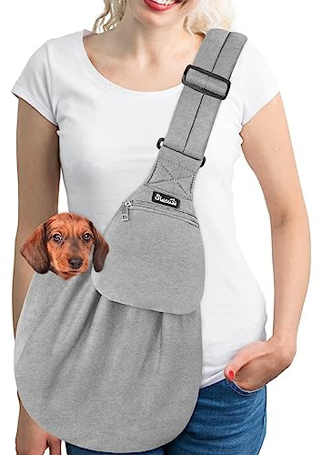 SlowTon Hundetragetasche, Haustier Hundetasche mit verstellbarem, gepolstertem Schultergurt und Fronttasche Tragetasche Hund für Spaziergang (Grau-Pullover Stoff, L(Für Haustiere 4,5-7,2 kg))