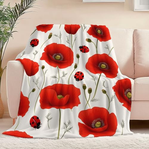 Kuscheldecke Flauschig Decke 100 x 130 cm Wohndecke Couchdecke Mikrofaser Sofaüberwurf Tagesdecke weiche warme Sofadecke mit Einfache Blumen Insekten Motiv Weiß Rot