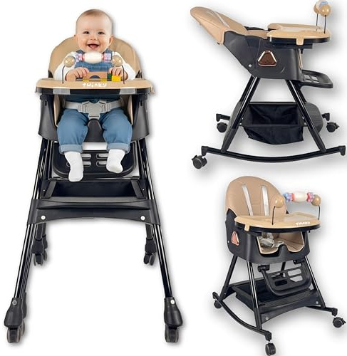 Twinky Hochstuhl Baby – Neuestes Modell, klappbarer Kinderhochstuhl mit verstellbarer Liegefunktion und Tisch, Geeignet ab 6 Monaten bis 4-5 Jahre - Farbe schwarz und beige