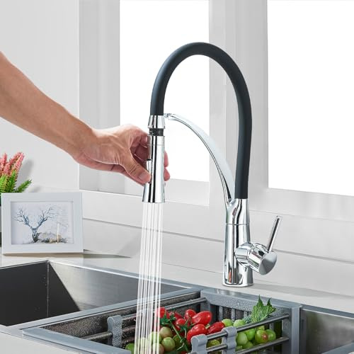 Rozin Robinet de cuisine à 2 fonctions avec jet et jet à 360 degrés - Bec rotatif à 360 degrés - Poignée unique - Eau froide et chaude - Chrome et noir - Robinet mitigeur d'évier de cuisine en laiton