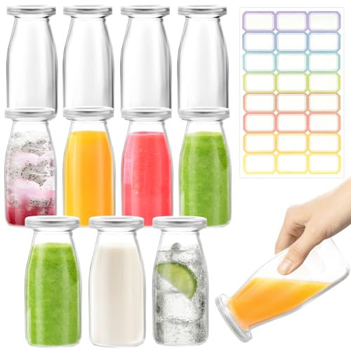 Confezione da 12 bottiglie per latte in vetro da 200 ml con coperchio, contenitori trasparenti riutilizzabili per succhi, tè, frullati, tè freddo, barattoli con design a prova di perdite, include 24