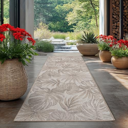 HomebyHome Outdoor Teppich Beige 80x250 cm Läufer, Wetterfest & UV-beständig, ideal für Küche, Balkon, Terrasse auch Wohnzimmer und Esszimmer, Palmblätter-Design