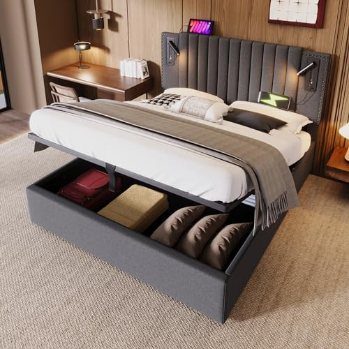 Rtopsu Doppelbett Polsterbett 160x200 cm, Bett mit Stauraum, Stauraumbett mit USB Ladefunktion und Beleuchtung Lampe, Bettbettgestell mit Lattenrost und Bettkasten, Baumwolle, Grau, Ohne Matratze