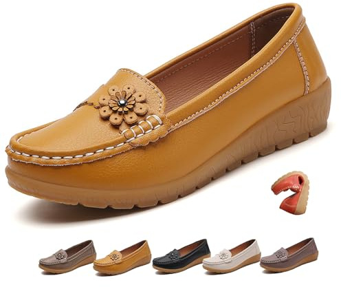 Mocassins confortables en cuir véritable avec semelle souple pour femme avec détails floraux, chaussures légères et respirantes, jaune, 10 UK Wide