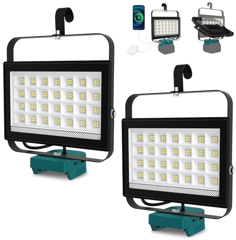 Battery Lamp for Makita 18 V, T-SUNUS 100 W Wireless LED Work Light Battery Portable with 2 Brightnesses, LED Spotlight Battery Construction Spotlight for Garages, Camping, Emergency, Pack of 2