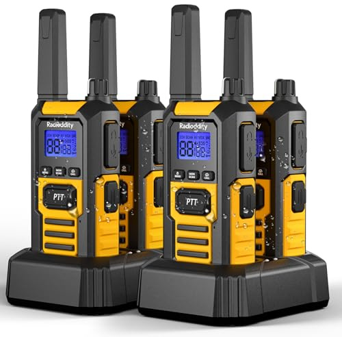 Radioddity HD-1 Funkgerät Set, Walkie Talkie wasserdicht IP67, Robuste PMR, staubdicht stoßfest mit EIN-Tasten-Gruppenruf, Vibrationsalarm, SOS, Dual PTT, Basis- und USB-C-Ladung (4 Stück)