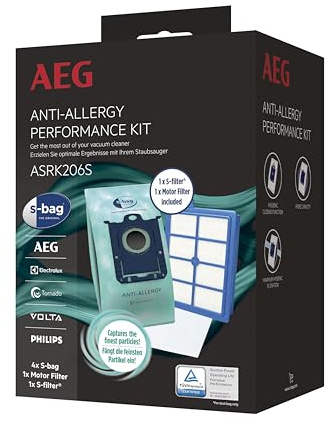 AEG ASRK206S S-Bag Performance Kit, 4X S-Bag Staubbeutel Anti-Allergy, 1x S-Filter Hygienefilter Waschbar, 1x Motor Filter, Reduziert Pollen & Allergene, Für Allergiker, Beutelsauger