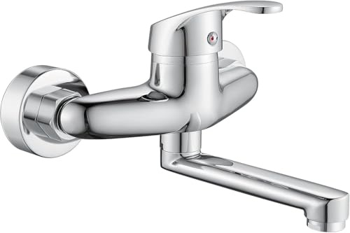 Rubinetto per Cucina a Muro,Girevole a 360° in Acciaio Inox Orientabile Regolabile Parete Monocomando Miscelatore per Lavabo Lavello Lavandino SpüLe Vasca da Bagno 17.5cm Cromo Spazzolato