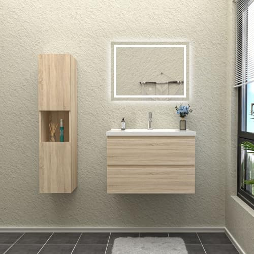 Conjunto de Mueble de baño, AICA Armario,1 Mueble con Lavabo, 1 Espejo con led y 1 Columna Alta,Color Roble