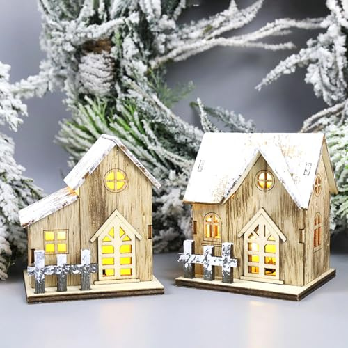 Maisons de Village de Noël 2 pièces/Ensemble Village Noël avec Toit en Neige en Bois avec lumière LED pour centres Table, décoration d'intérieur Vacances, décoration d'intérieur