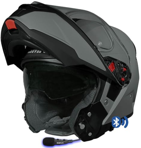 Designed SMK Gullwing Bluetooth Sena 3S-Plus Integrado Gris Mate - Casco de Moto Modular Abatible con Visor Solar - Homologado P/J ECE 22.06