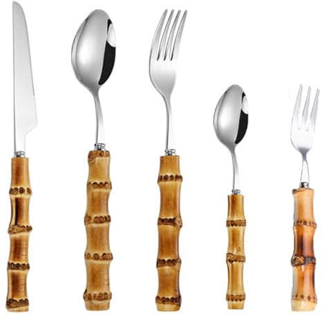 OSALADI Couverts à Steak en Acier Inoxydable 304 Manche Effet Bambou Set de 5 Pièces Service de Table Occidentale Réutilisable pour Dîner Pique-Niques et Événements Festifs