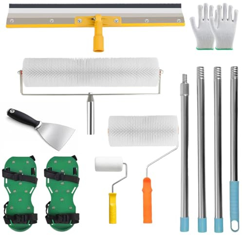 Bodenbeschichtung Entlüftungsroller Set, Stachelwalze Farbroller Schaber Nagelschuhe Handschuh Teleskopstange Stehrakel Glättekelle, Großflächige Rakel für Epoxidharz und Ausgleichsmasse Boden