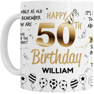 Personalised 50th Birthday Mug with Gold and Black Age 50 Design with Funny Quotes and Balloons, 50th Birthday Gift for Men Women, White Ceramic