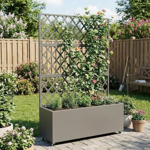 Garvee Mobiles Hochbeet mit Rankgitter – Pflanzkasten aus Metall mit Rollen, Drainagelöchern & Sichtschutz – Outdoor Garten Blumenkasten für Gemüse, Kräuter & Kletterpflanzen – grau, 89x180cm Europe