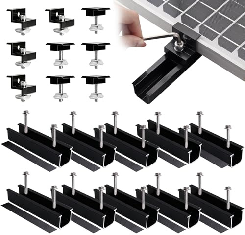 Solarpanel Halterung Set für 4 Module mit 12cm Schwarzer Schiene | Verstellbare Endklemme für 30-35mm Module, Alu Solarmodul Halterung für Flachdach, Trapezblech & Blechdach Mounting