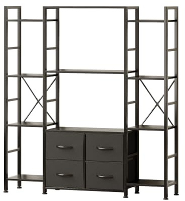 VERMESS 120W x142H cm Triple Book Shelf, 4 Tier Industrial Bookshelf for Home & Office, Large Shelving Unit with 4 Adjustable Fabric Drawers, Metal Frame Wooden Board, Black