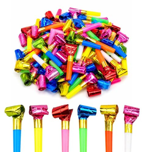 AWOXIHJ 50 unidades de silbato de fiesta, bocinas para niños, juguete de ruido para cumpleaños, silbatos de juguete multicolor de plástico, trompeta de papel