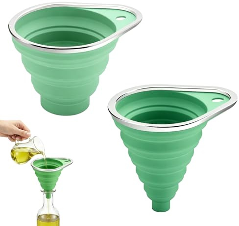 2 Piezas Embudos de Cocina de Silicona Plegables, Embudo Grande y Pequeño con Borde de Acero Inoxidable, Embudos para Botellas, Mermelada, Conservas, Ingredientes Líquidos y Secos
