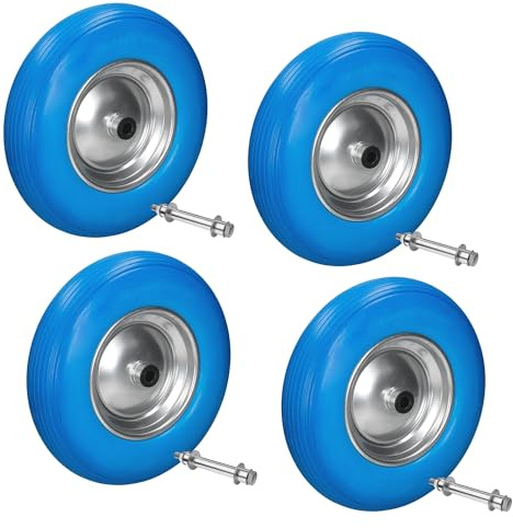 ECD Germany Ruote 4 x Carriola in Gomma Piena PU Antiforatura con Asse Pneumatici Cerchione in Acciaio 4.80/4.00-8 Diametro 390 mm Blu Ruota Ricambio Ruota in Gomma Ruota per Carrelli Carico 200 kg