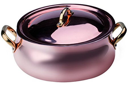 Pentole Agnelli ALCU108C28 Casseruola Bassa Bombata con Due Maniglie in Ottone e Coperchio, Rame liscio stagnato a mano, 28 cm