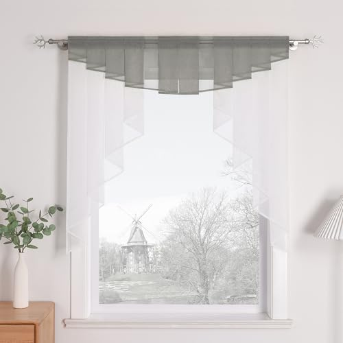HongYa Zipfelgardine Modern Transparent Plissiert aus Voile mit Tunnelzug | Grau, H/B 145/140 cm, einteilig, lichtdurchlässig, pflegeleicht, lange Seitenteile, für Küche, Esszimmer und Wohnzimmer
