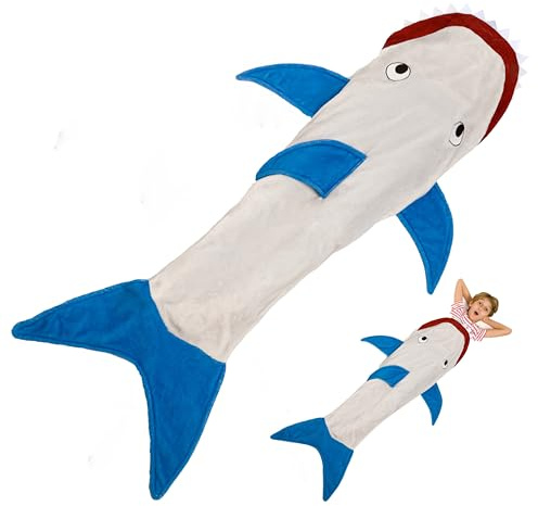 Kanguru Filt Haj, storlek för barn, fluffig fleecefilt för soffa eller säng, barnsovsäck för barn, Shark Blanket, lång, 142 cm, idé för flicka/jul eller födelsedag, grå