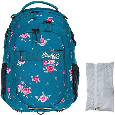 Elephant Schulrucksack Hero Rucksack mit Regenhülle 12847 Blue Flower +r | Signature Schultasche Schulmappe + Regencover Daypack Mädchen Jungen Blau Rose Blume