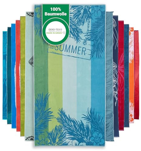 BaSaTex - Strandtuch Baumwolle in 90x180 cm - Strandlaken Badetuch aus Frottee Velours mit Aufhängeschlaufe - Saunatuch Öko-Tex Standard 100 Zertifiziert - Modell Summer Blau Design
