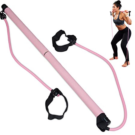Relaxdays Pilatesstab, 2 Widerstandsbänder mit Fußschlaufe, Pilates-Bar-Set, Yoga, Fitness, Pilates Trainingsgerät, pink