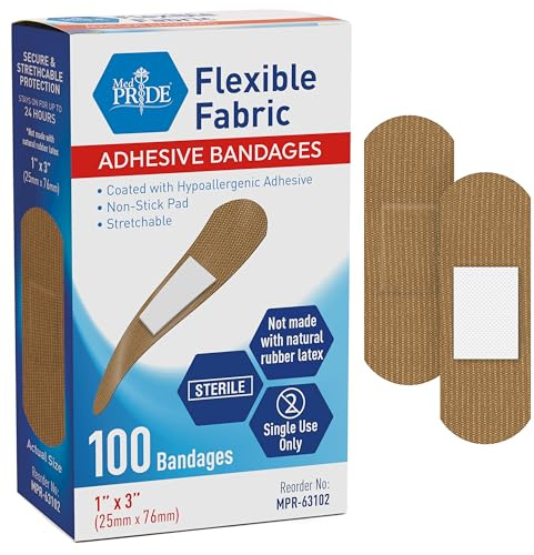 MED PRIDE Hypoallergenic Latex Free Fabric Adhesive Bandages, Nonstick Pad, Sterile, Individually Wrapped (1'' x 3'' - 100 Count)