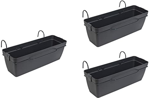 Kreher XL Balkonkasten in dezenter Optik aus Kunststoff in Anthrazit. Mit Einer robusten Metallhalterung und einem integrierten Wasserspeicher. Maße: 50 x 16 x 6 cm