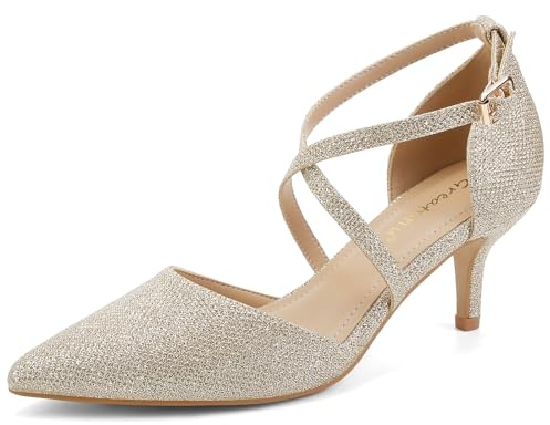 Greatonu Womens Court Shoes Pointed Toe Kitten Mid Low Heel Sandals Ladies Ankle Strap Pumps Gold Size 6