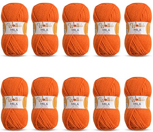 Wollidu Mila Garn zum Häkeln und Stricken 10 x 50g/133m Strickgarn 100% Polyacryl Häkelgarn Kürbis Orange