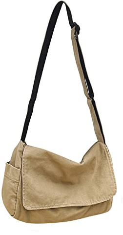 YILCER Sac à bandoulière en toile pour homme et femme, grand sac fourre-tout en toile pour l'école, les voyages, le quotidien, 38 cm x 24 cm x 16 cm, kaki