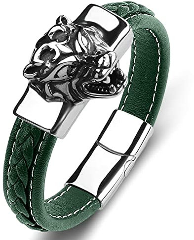 KnSam Geschenk Für Männer - Bettelarmband Herren, PU Leder Armreif Edelstahl Tiger Bettelarmband Charm Edelstahl Armschmuck Grün mit Magnet Verschluss, Länge 16.5CM