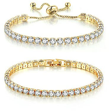 TOEECY Tennisarmband für Frauen 18K Vergoldete AAA + Zirkonia Verstellbare Tennis Armband Set Zierliche Klassische Freundschaftsarmband Modeschmuck Geschenk (Gold,#2)